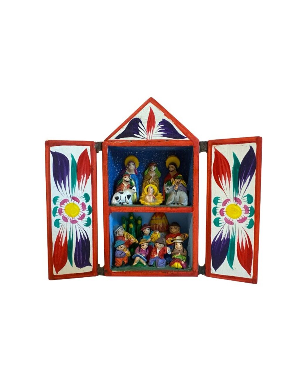 VTG Folk Art Retablo Peruvian Nativity Miniature Scene 5.5" Carved Folk Art Box